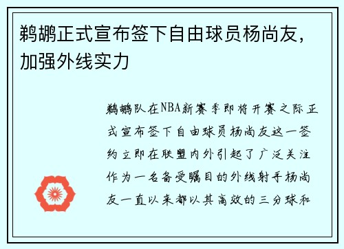 鹈鹕正式宣布签下自由球员杨尚友，加强外线实力